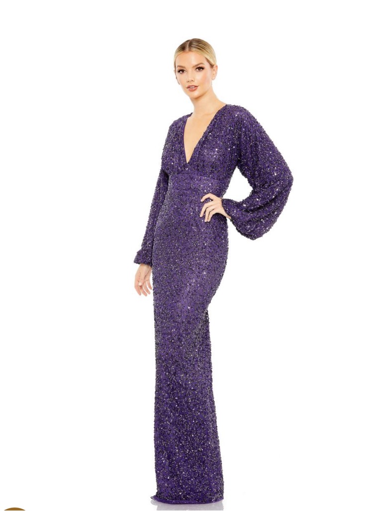 Mac Duggal Purple Sequin Long Sleeve Deep V Neck Evening Gown Dress Size 2 New